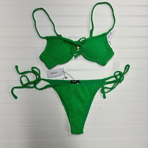 Nasty Gal Premium Ribbed Ruched Tie Underwire Bikini Set | Green | NWT | Size 8